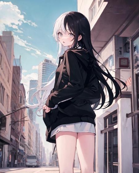 53636-2813324782-1girl,long hair,straight hair, solo,hoodie,bare legs,split-color hair, long hair, ,outdoors,cityscape, bangs,cowboy shot,.png